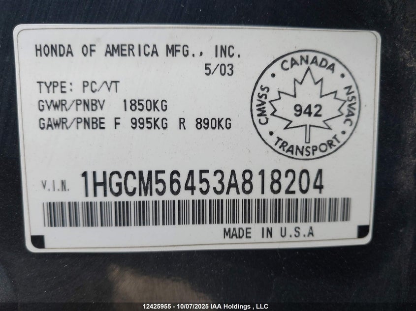 1HGCM56453A818204 2003 HONDA ACCORD photo no. 19