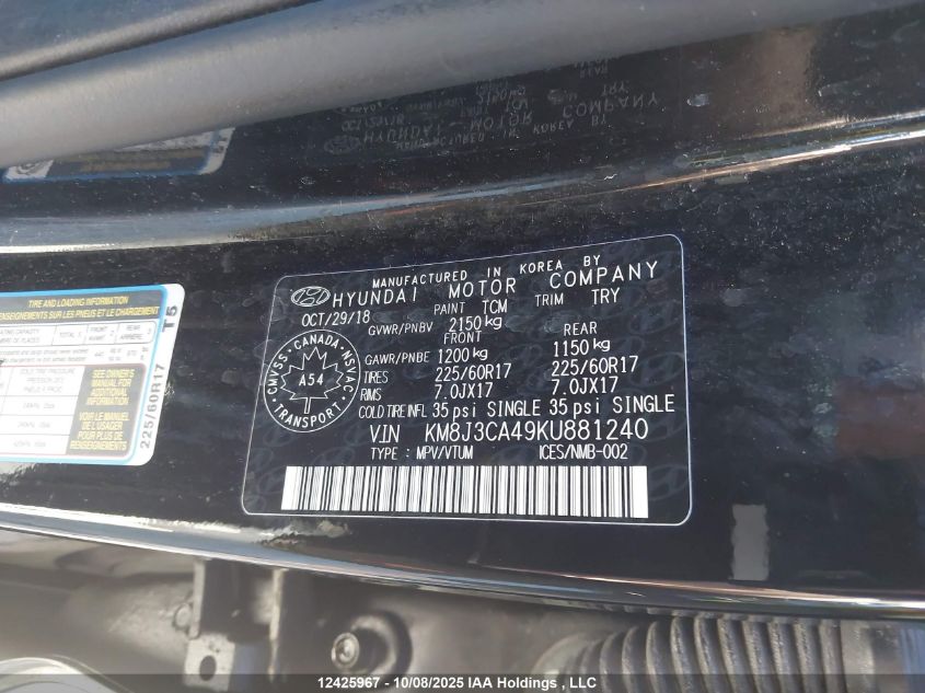 2019 Hyundai Tucson Preferred VIN: KM8J3CA49KU881240 Lot: 12425967