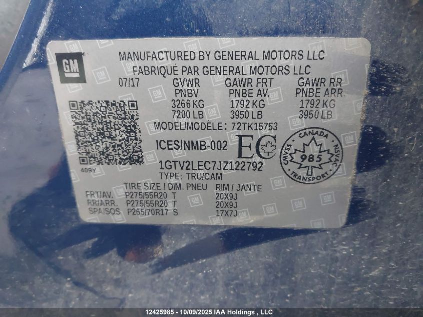 2018 GMC Sierra 1500 VIN: 1GTV2LEC7JZ122792 Lot: 12425985