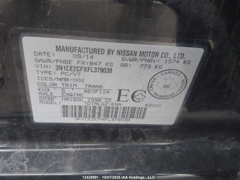 2015 Nissan Versa Note 1.6 S/1.6 Sl/1.6 Sr/1.6 Sv VIN: 3N1CE2CPXFL379039 Lot: 12425991