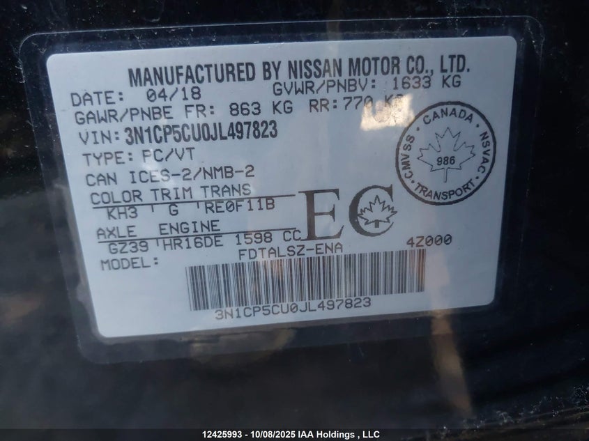 2018 Nissan Kicks S/Sr/Sv VIN: 3N1CP5CU0JL497823 Lot: 12425993