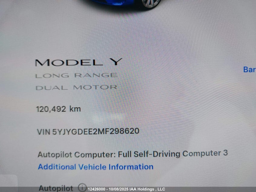 2021 Tesla Model Y Long Range VIN: 5YJYGDEE2MF298620 Lot: 12426000