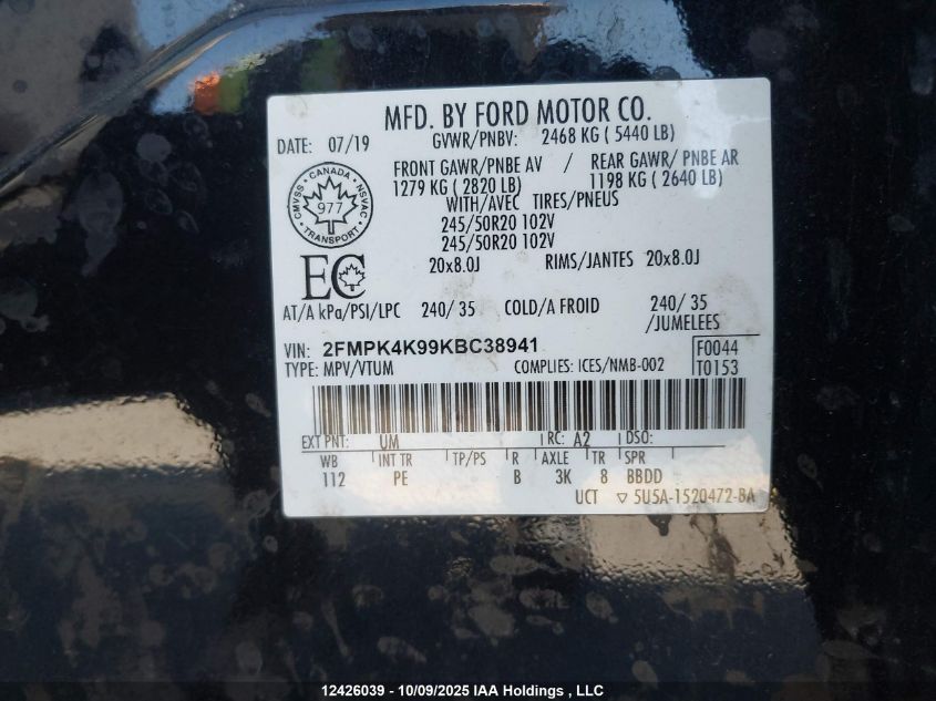 2019 Ford Edge Titanium VIN: 2FMPK4K99KBC38941 Lot: 12426039