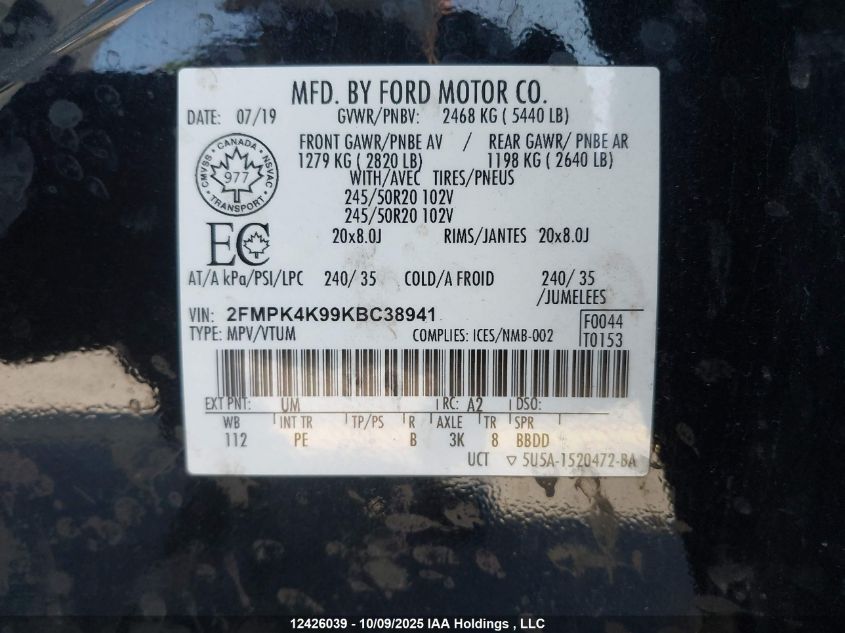 2019 Ford Edge Titanium VIN: 2FMPK4K99KBC38941 Lot: 12426039