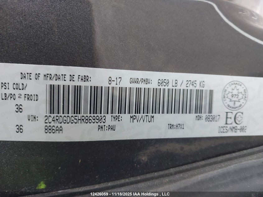 2017 Dodge Grand Caravan Crew VIN: 2C4RDGDG5HR869903 Lot: 12426059