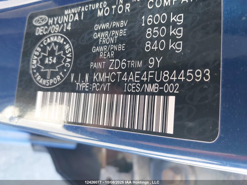 2015 Hyundai Accent Gl VIN: KMHCT4AE4FU844593 Lot: 12426077