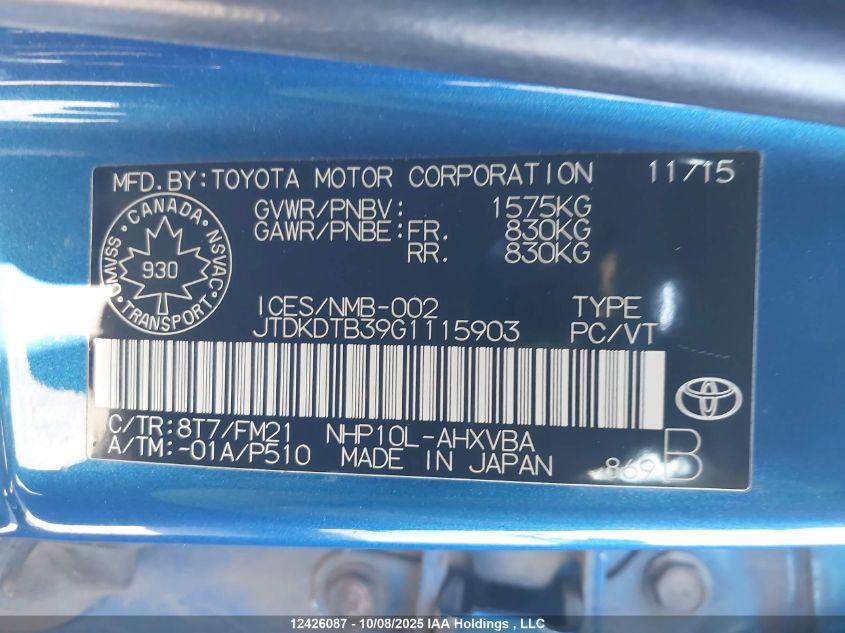 2016 Toyota Prius VIN: JTDKDTB39G1115903 Lot: 12426087