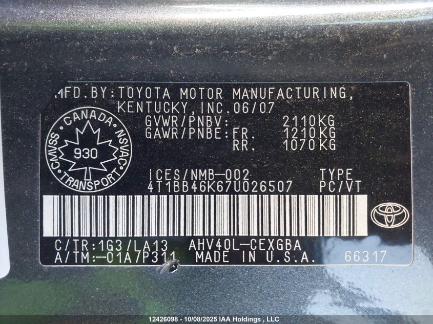 2007 Toyota Camry Hybrid VIN: 4T1BB46K67U026507 Lot: 12426098