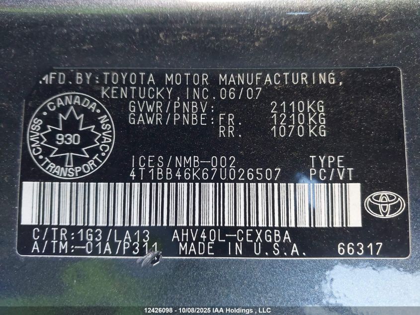 2007 Toyota Camry Hybrid VIN: 4T1BB46K67U026507 Lot: 12426098