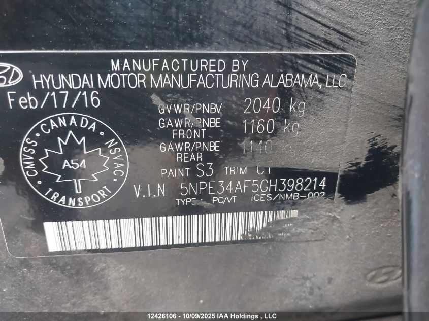 2016 Hyundai Sonata Limited VIN: 5NPE34AF5GH398214 Lot: 12426106