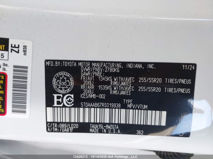 2024 Lexus Tx 350 Base/350 Premium/350 Luxury VIN: 5TDAAAB67RS019938 Lot: 12426213