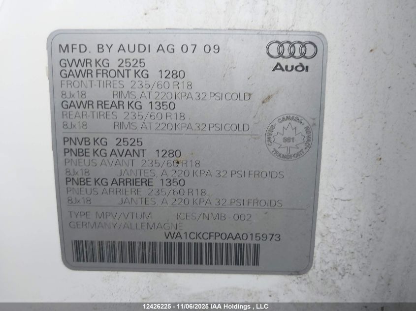 2010 Audi Q5 Premium VIN: WA1CKCFP0AA015973 Lot: 12426225