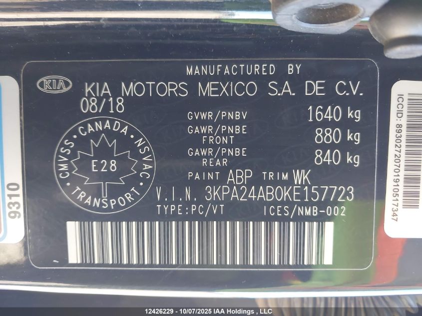 2019 Kia Rio Lx/Lx+ VIN: 3KPA24AB0KE157723 Lot: 12426229