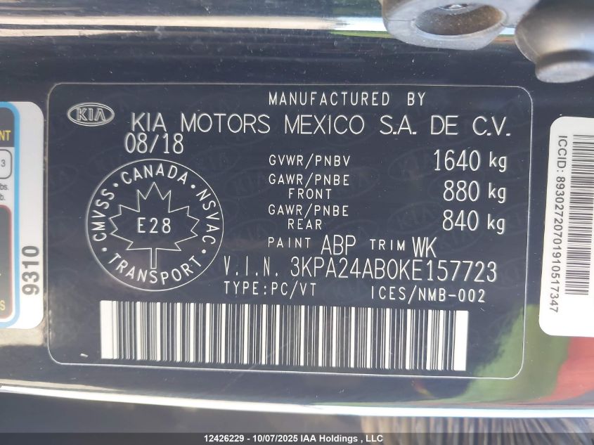 2019 Kia Rio Lx/Lx+ VIN: 3KPA24AB0KE157723 Lot: 12426229