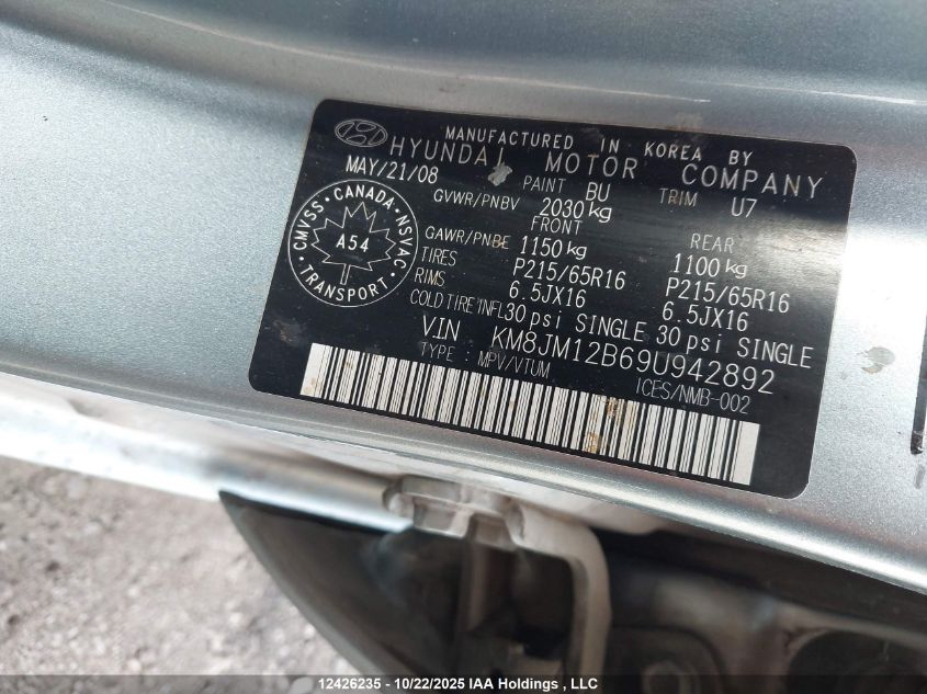 2009 Hyundai Tucson VIN: KM8JM12B69U942892 Lot: 12426235