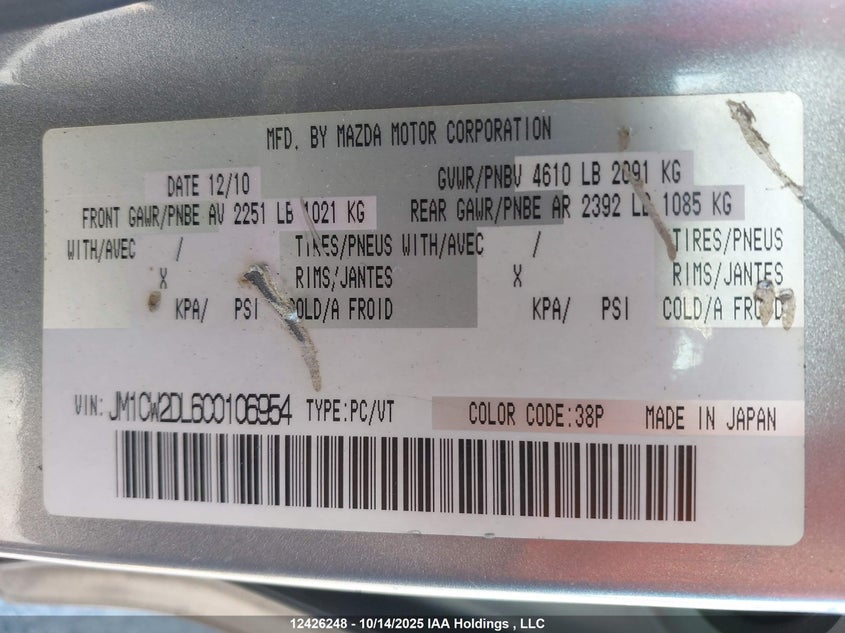 JM1CW2DL6C0106954 2012 MAZDA 5 photo no. 9