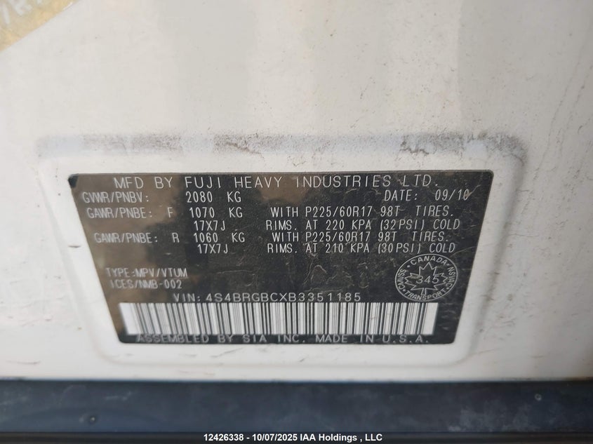 2011 Subaru Outback 2.5I Premium VIN: 4S4BRGBCXB3351185 Lot: 12426338