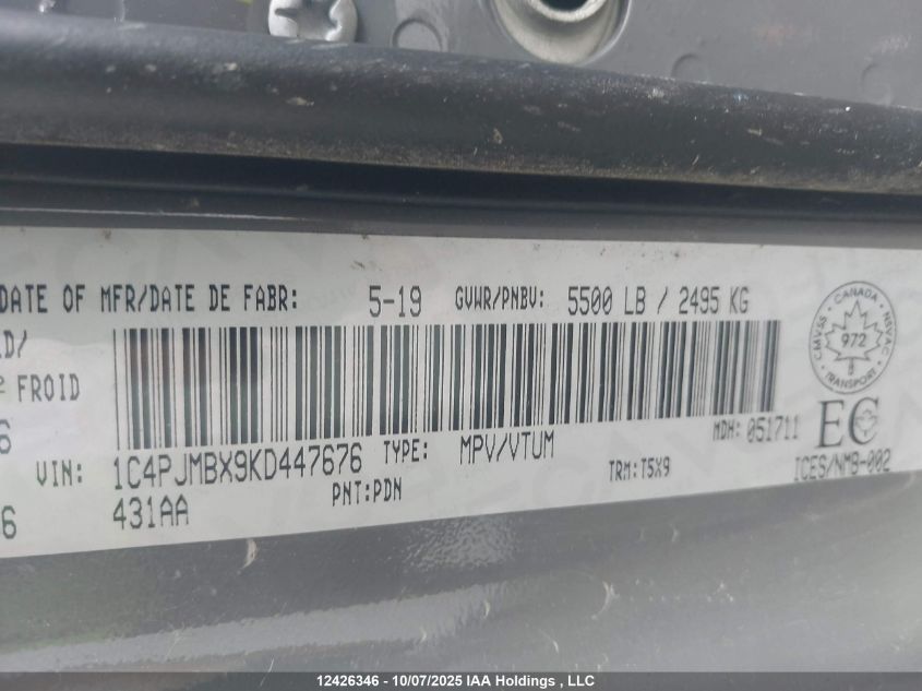 2019 Jeep Cherokee Trailhawk VIN: 1C4PJMBX9KD447676 Lot: 12426346