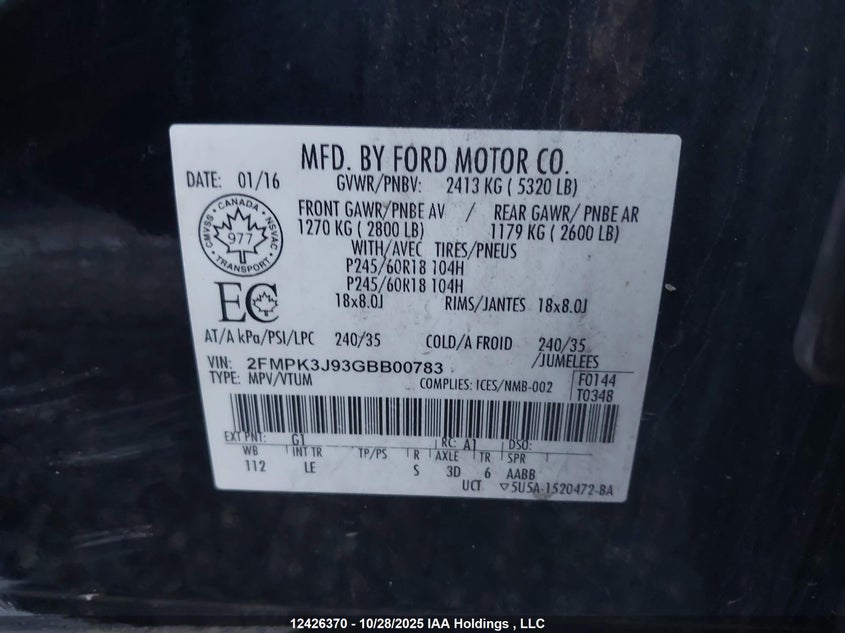 2FMPK3J93GBB00783 2016 FORD EDGE photo no. 9
