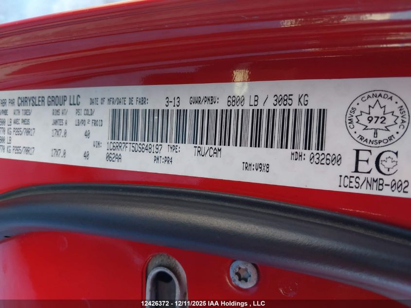 2013 Dodge Ram 1500 VIN: 1C6RR7FT5DS648197 Lot: 12426372