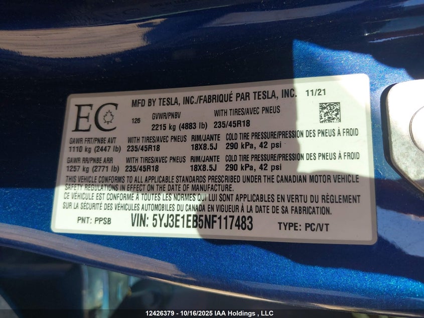 5YJ3E1EB5NF117483 2022 TESLA MODEL 3 photo no. 9