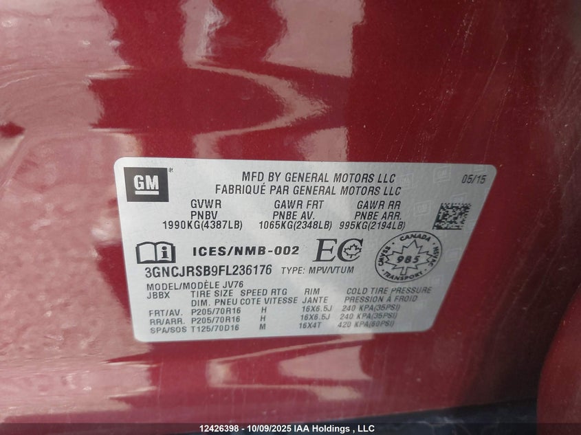 2015 Chevrolet Trax 1Lt VIN: 3GNCJRSB9FL236176 Lot: 12426398