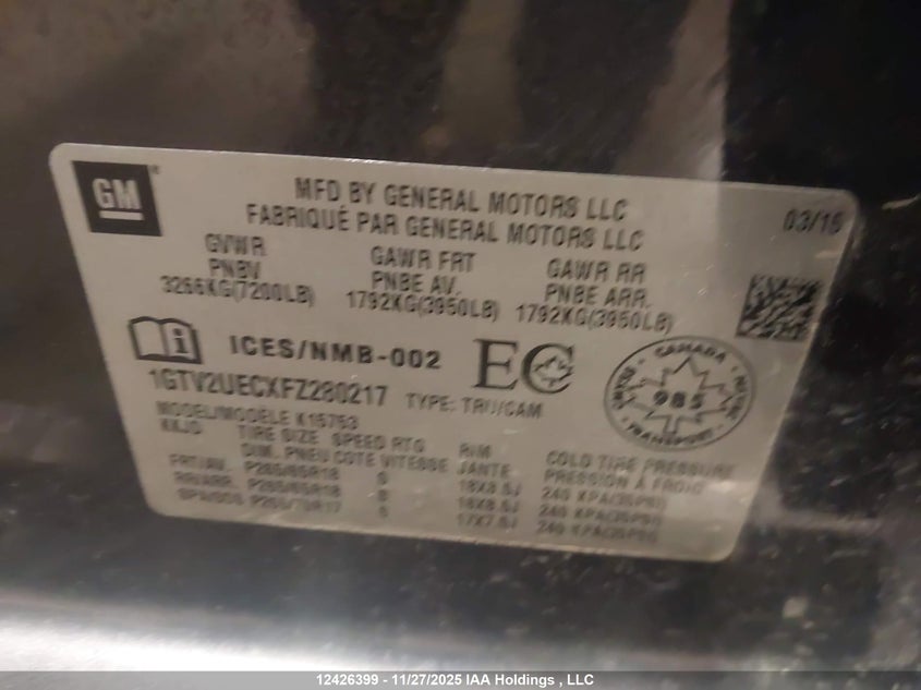 1GTV2UECXFZ280217 2015 GMC SIERRA photo no. 19