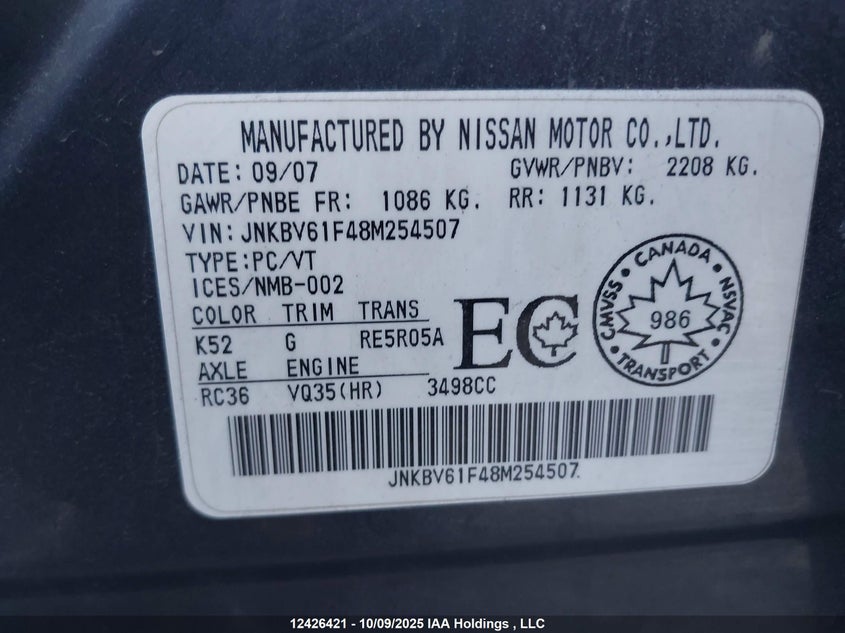 2008 Infiniti G35 VIN: JNKBV61F48M254507 Lot: 12426421