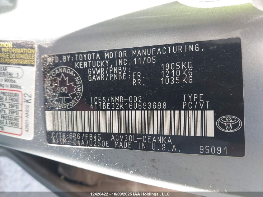 2006 Toyota Camry Le/Xle/Se VIN: 4T1BE32K16U693698 Lot: 12426422