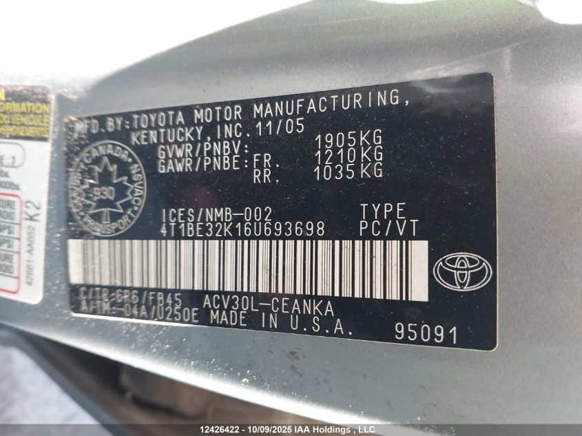 2006 Toyota Camry Le/Xle/Se VIN: 4T1BE32K16U693698 Lot: 12426422