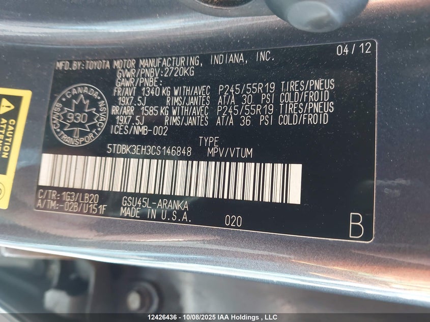 5TDBK3EH3CS146848 2012 TOYOTA HIGHLANDER photo no. 9