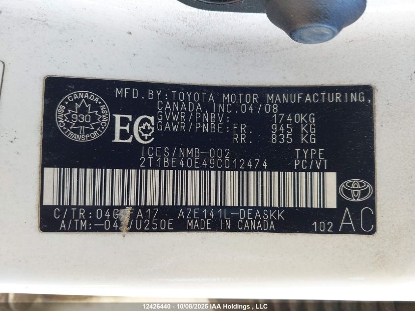 2009 Toyota Corolla Xrs Xrs VIN: 2T1BE40E49C012474 Lot: 12426440