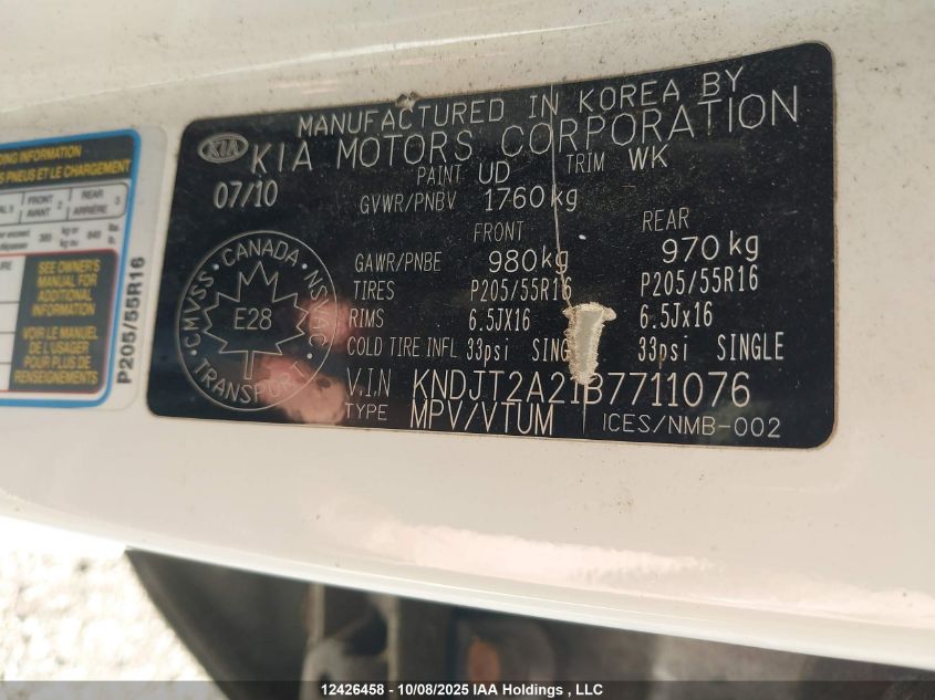 2011 Kia Soul 2.0L 2U/2.0L 4U/2.0L 4U Burner/2.0L 4U Luxury/2.0L 4U Retro/2.0L 4U Sx VIN: KNDJT2A21B7711076 Lot: 12426458