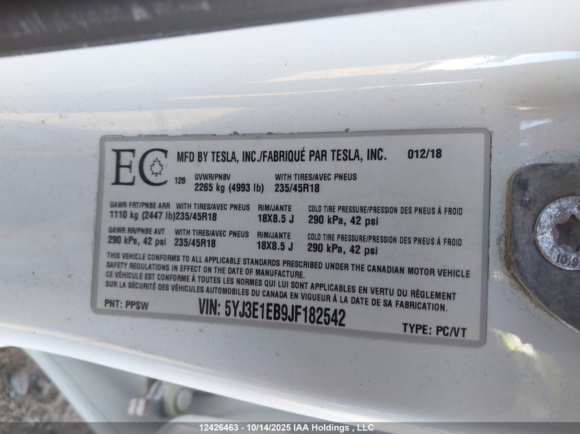 2018 Tesla Model 3 VIN: 5YJ3E1EB9JF182542 Lot: 12426463