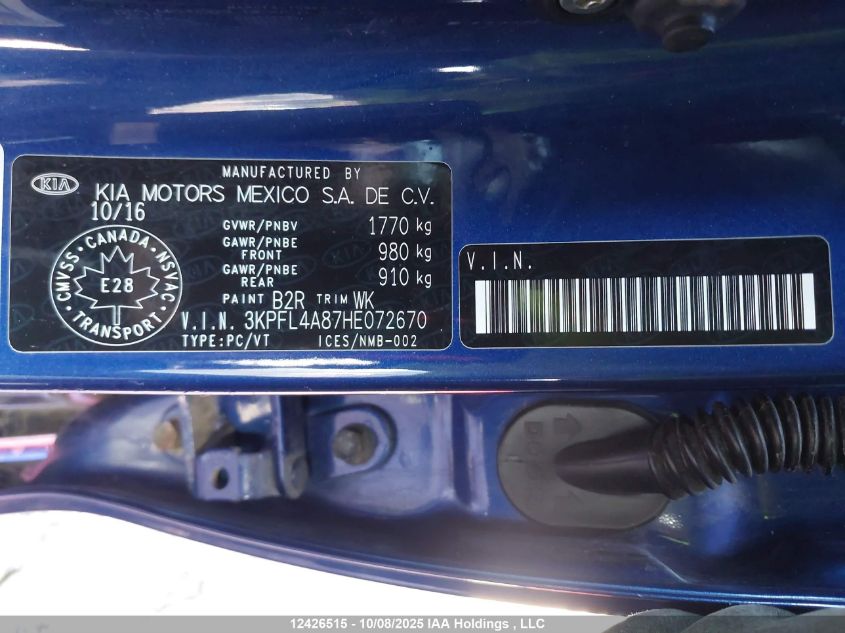 2017 Kia Forte Ex/Ex Luxury/Ex+ VIN: 3KPFL4A87HE072670 Lot: 12426515
