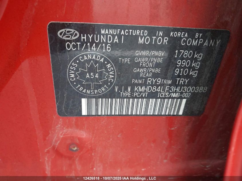 2017 Hyundai Elantra Gl VIN: KMHD84LF3HU300388 Lot: 12426518