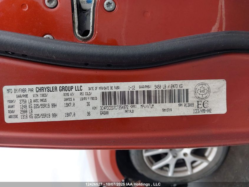 2012 Dodge Journey Sxt VIN: 3C4PDCCG7CT254972 Lot: 12426527