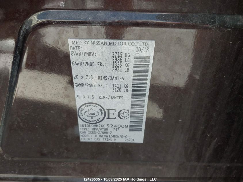 2019 Infiniti Qx60 Pure VIN: 5N1DL0MM2KC524009 Lot: 12426535