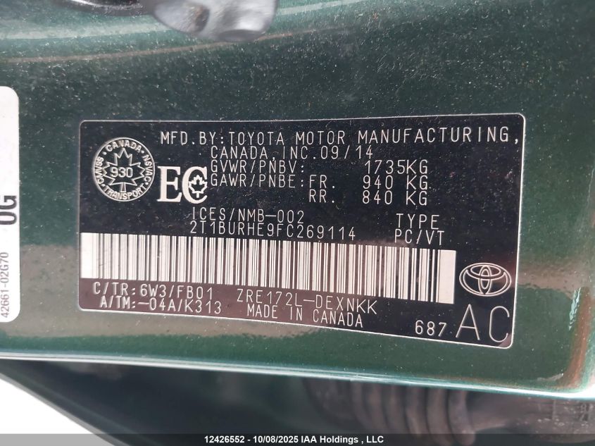 2015 Toyota Corolla Le VIN: 2T1BURHE9FC269114 Lot: 12426552