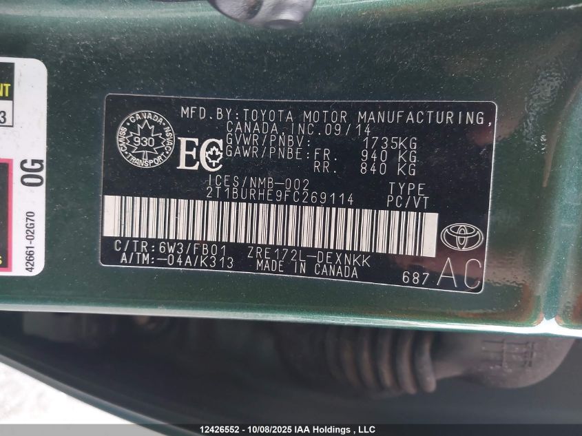 2015 Toyota Corolla Le VIN: 2T1BURHE9FC269114 Lot: 12426552