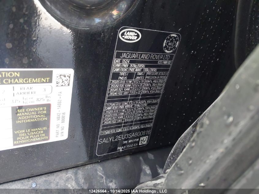 2025 Land Rover Range Rover Velar P340 Dynamic Se VIN: SALYL2EU3SA800816 Lot: 12426564