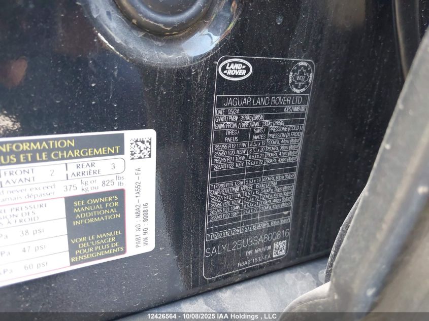 2025 Land Rover Range Rover Velar P340 Dynamic Se VIN: SALYL2EU3SA800816 Lot: 12426564