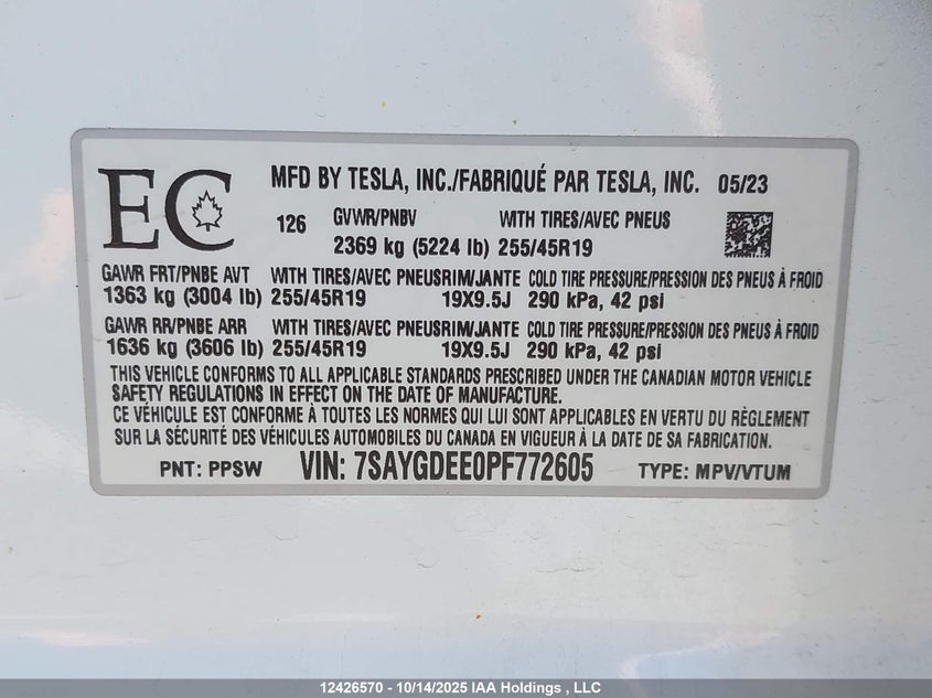 2023 Tesla Model Y VIN: 7SAYGDEE0PF772605 Lot: 12426570