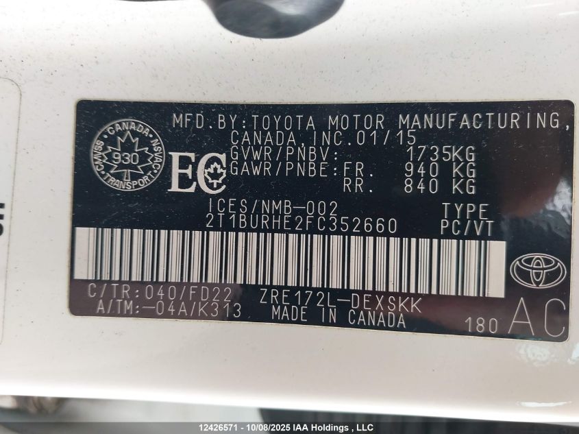 2015 Toyota Corolla S VIN: 2T1BURHE2FC352660 Lot: 12426571