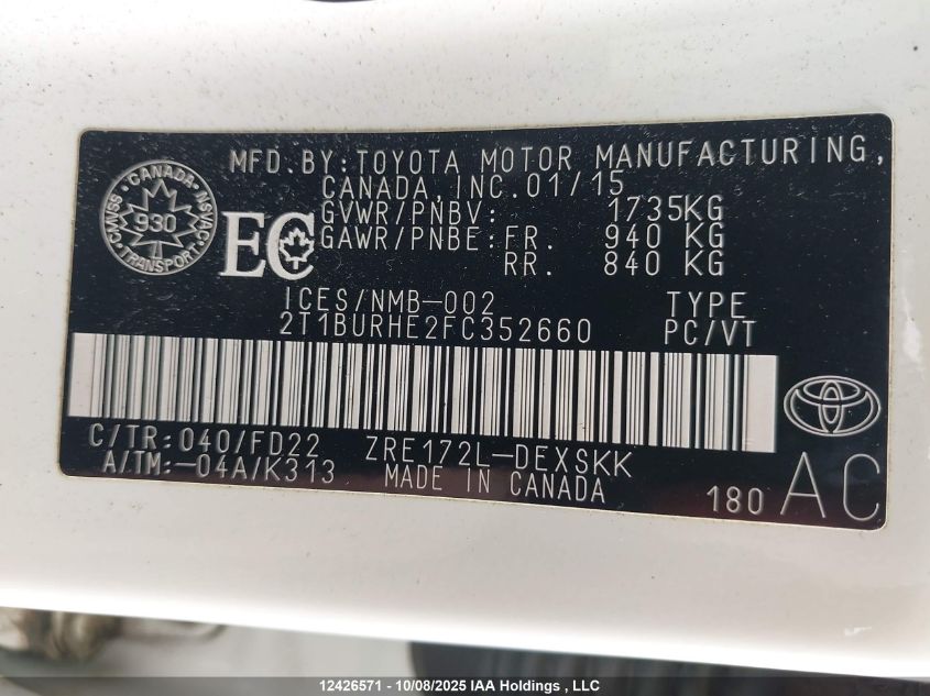 2015 Toyota Corolla S VIN: 2T1BURHE2FC352660 Lot: 12426571