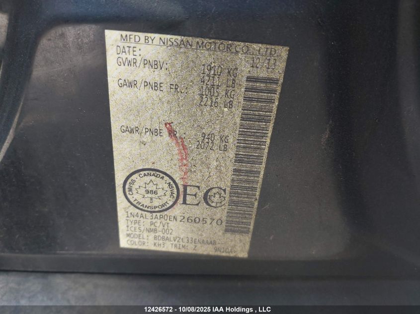 2014 Nissan Altima 2.5/2.5 S/2.5 Sl/2.5 Sv VIN: 1N4AL3AP0EN260570 Lot: 12426572