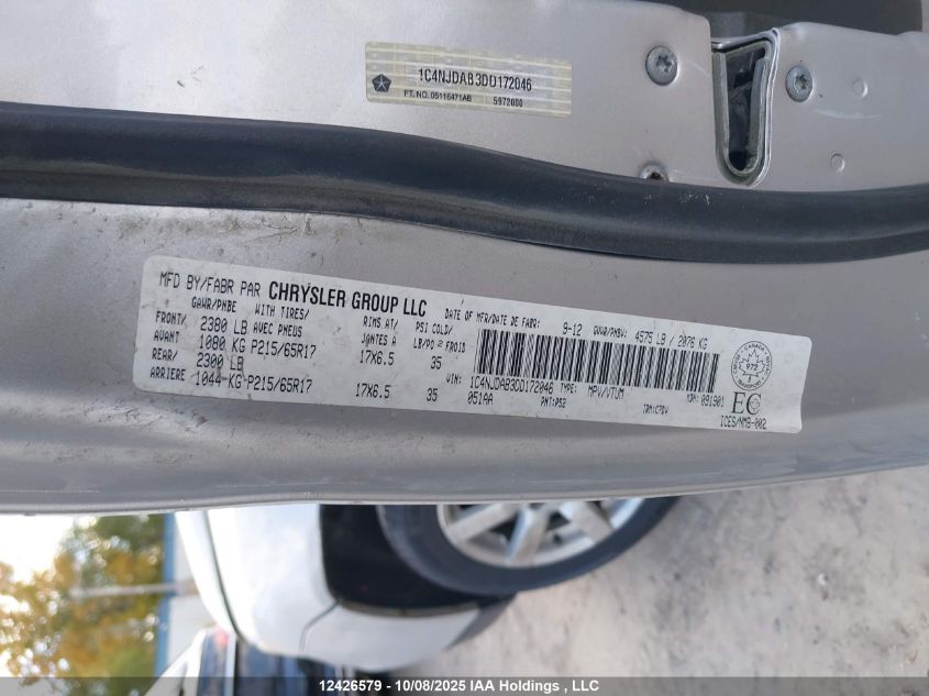 2013 Jeep Compass Sport/North VIN: 1C4NJDAB3DD172046 Lot: 12426579
