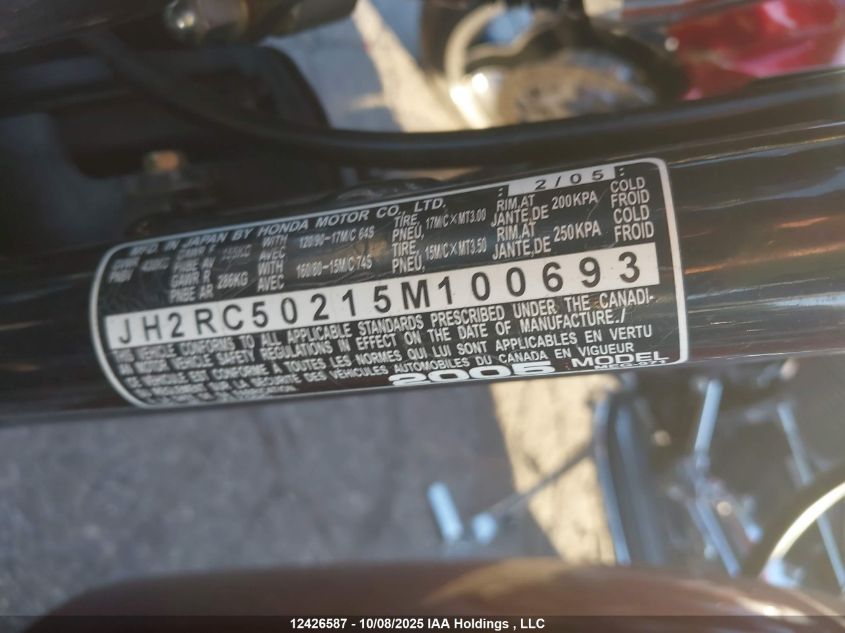 2005 Honda Vt750 Ci VIN: JH2RC50215M100693 Lot: 12426587