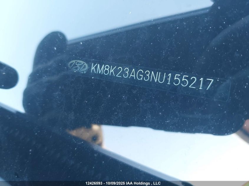 2022 Hyundai Kona Sel VIN: KM8K23AG3NU155217 Lot: 12426593