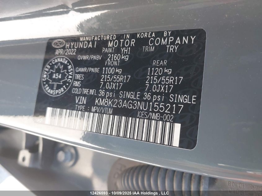 2022 Hyundai Kona Sel VIN: KM8K23AG3NU155217 Lot: 12426593